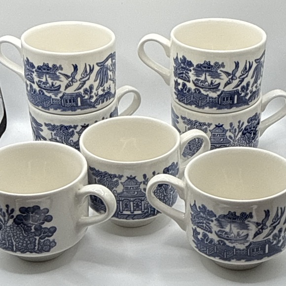 Other - Set of 7 Blue & White Ceramic Stackable Scenic Mugs w/ Handles, England